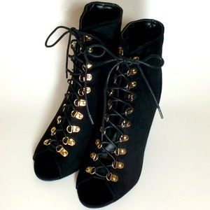 Faux Suede Lace Up Chunky Heeled Booties
